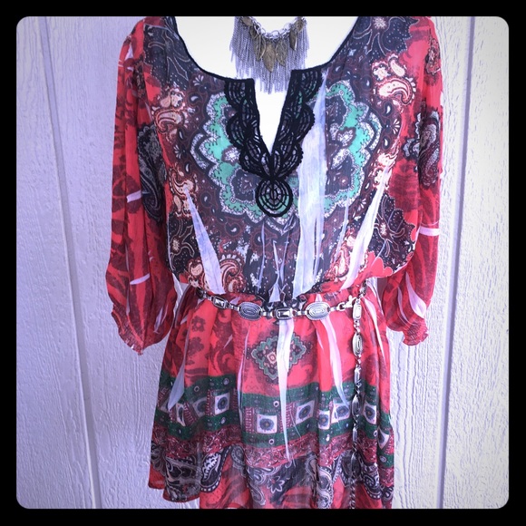 ONE WORLD Tops - Boho Red Paisley Blouse w/blk Embroidered Trim